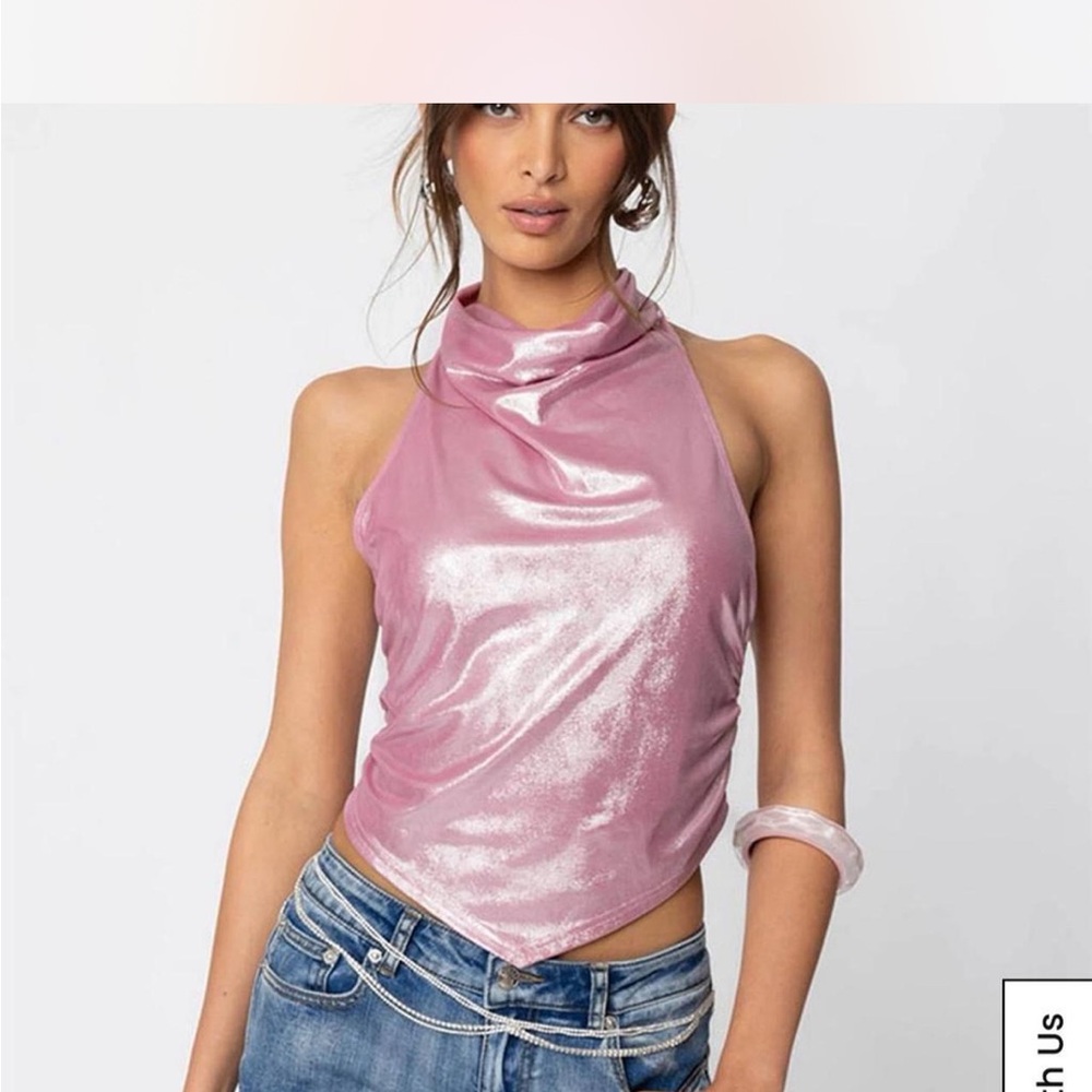 Edikted Metallic Pink Cowl Neck Tank Top